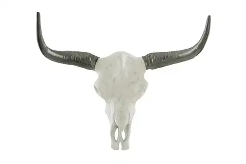 Estila Venkovská nástěnná bílá kovová dekorace Bullhead v podobě býčí lebky s černými rohy 70 cm