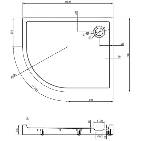 MEXEN Flow+ Sprchová vanička čtvrtkruh asymetrická pravá 100 x 80, černá mat 46Q708010RH