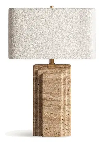 Estila Luxusní art deco travertinová stolní lampa Rake v béžové pískové barvě se čtvercovým bouclé bílým bavlněným stínítkem 67 cm