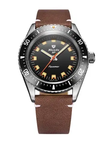 Nivada Grenchen Aquamar Black - Brown Leather White Stitching