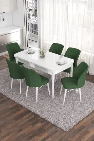 Extendable Dining Table & Chairs Set (7 Pieces) Eva - White, Khaki
