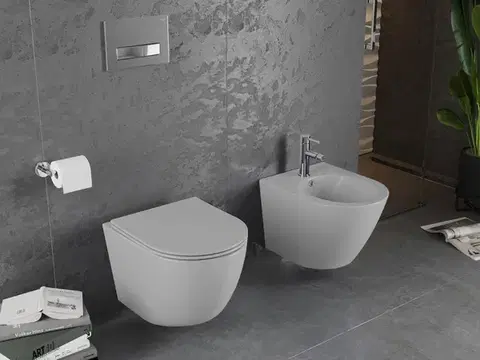 MEXEN Lena Závěsná WC mísa včetně sedátka s slow-slim, z duroplastu, světle šedá mat 30224061
