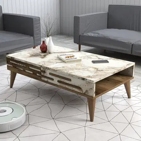 Konferenční stolek Valensiya - Walnut, White, Marble