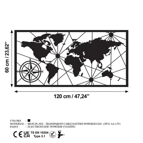 Dekorativní kovový doplněk na zeď World Map Led 452