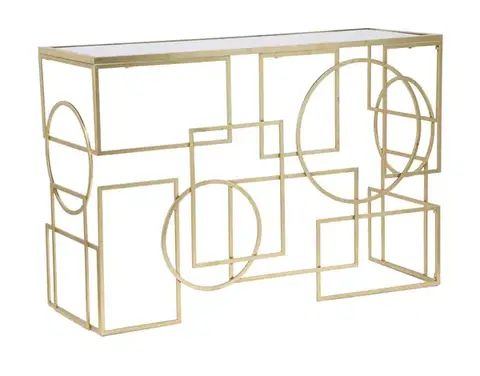 Estila Designový art deco zlatý konzolový stolek Jazzy s geometricky zdobenou podstavou a zrcadlovou vrchní deskou 120 cm