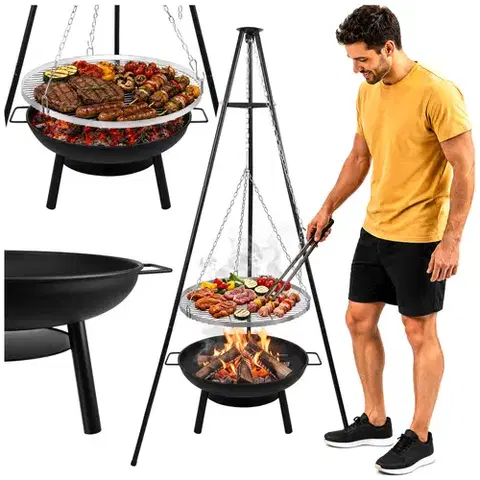 Zahradní gril s trojnožkou – závěsný gril z nerezové oceli o průměru 58 cm s ohništěm