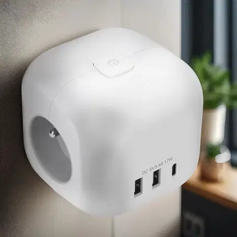 Solight rozbočka kostka, 3x 16A + USB A+C, bílá, vypínač P110C