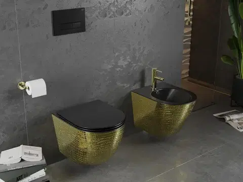 MEXEN Lena Závěsná WC mísa včetně sedátka s slow-slim, duroplast, černá/zlatá vzor 30224078