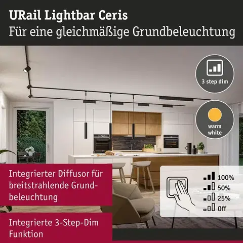 PAULMANN URail Lightbar 3-krokové-stmívatelné Ceris 9,5W 3000K stmívatelné 230V černá mat