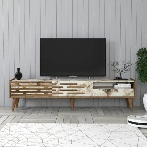 TV stolek Valensiya - Walnut, White, Marble