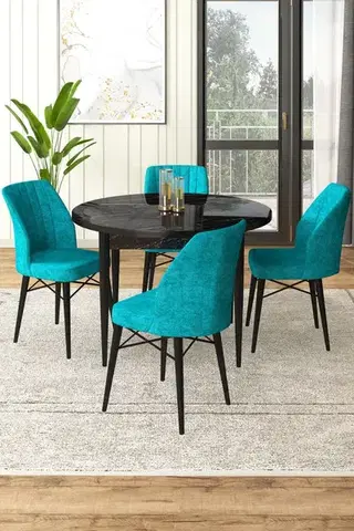 Dining Table & Chairs Set (5 Pieces) Rox - Black Marble, Turquoise