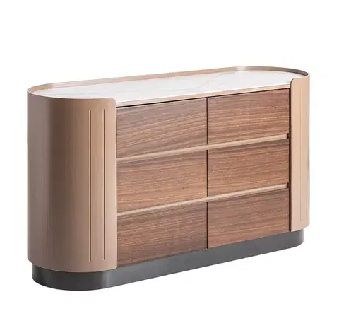 Estila Luxusní designová oválná hnědá komoda Grisham se šesti šuplíky a bílou mramorovou deskou a černou podstavou 140 cm