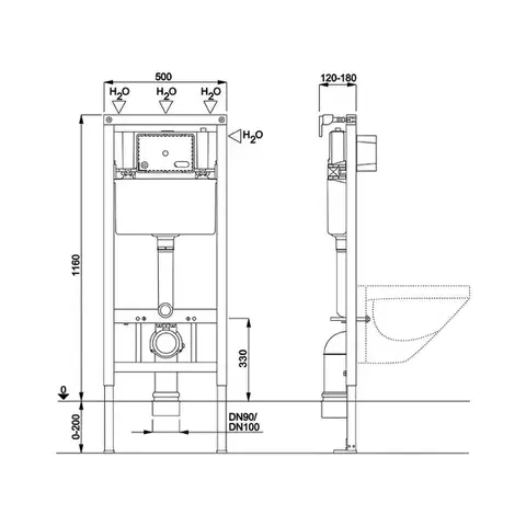 Mereo WC set Rimless WC hranaté, modul pro sádrokarton, bílé hranaté tlačítko MM02NSETRS320