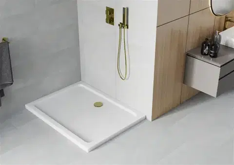 MEXEN/S Flat sprchová vanička obdélníková slim 80 x 70, bílá + zlatý sifon 40107080G