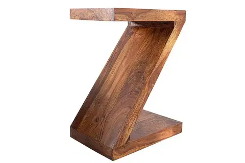 Estila Designový masivní etno atypický příruční stolek Zet ve tvaru písmene Z v hnědé barvě 45 cm