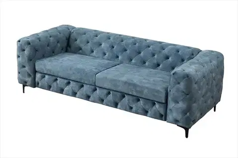 Estila Moderní chesterfield třímístná sedačka Modern Barock se sametovým prošívaným potahem v petrolejové modré barvě 235 cm