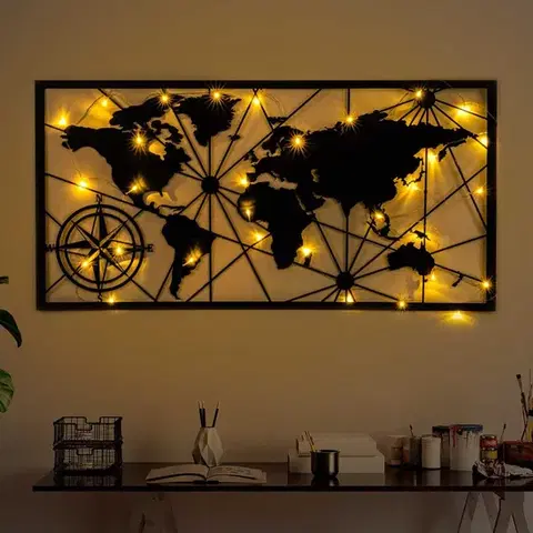 Dekorativní kovový doplněk na zeď World Map Led 452