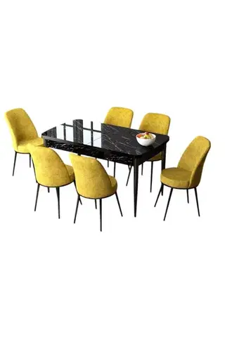 Extendable Dining Table & Chairs Set (7 Pieces) Zen - Black Marble, Mustard