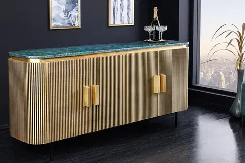 Estila Luxusní art deco příborník Marmolla Verde s mramorovou deskou zlatý 160 cm