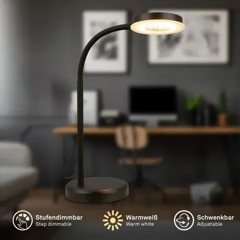 BRILONER Megg lampička na psací stůl – 12W, 800lm, LED, stmívatelné, dotykový vypínač, teplá bílá, černá 7585015