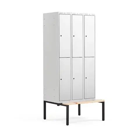 Boxová šatní skříň CLASSIC, s lavicí, 3 sekce, 6 boxů, 2120x900x550 mm, šedé dveře