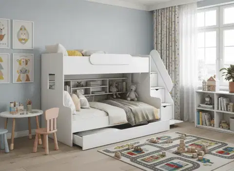 ArtBed Dětská patrová postel SEGAN s roštem a úložným prostorem | bílá 120 x 200 cm