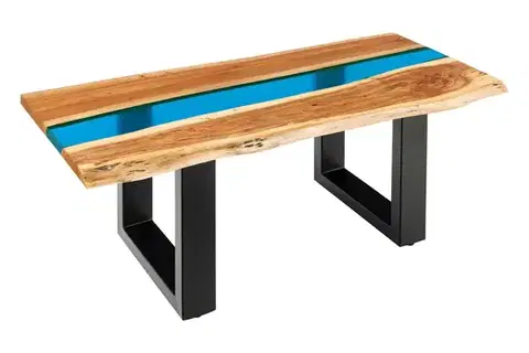Estila Designový masivní obdélníkový konferenční stolek Aquila s hnědou akací deskou s modrým epoxidovým pruhem 110 cm