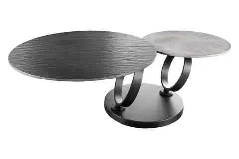 Estila Designový otočný dvouúrovňový otočný konferenční stolek Delin s mramorovými kulatými deskami černé barvě 80-134 cm