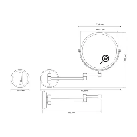 SAPHO X-ROUND BLACK E kosmetické zrcátko závěsné, Ø 200, oboustranné, černá mat XR010B