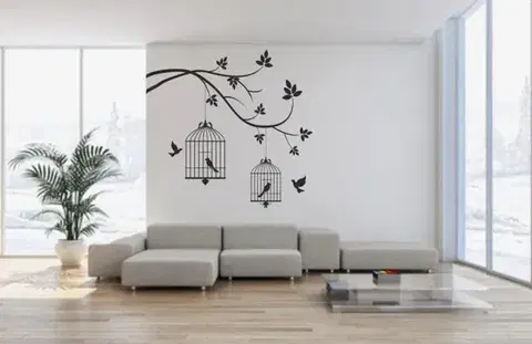 Nálepka na zeď do interiéru s motivem ptáčků v kleci 100 x 100 cm