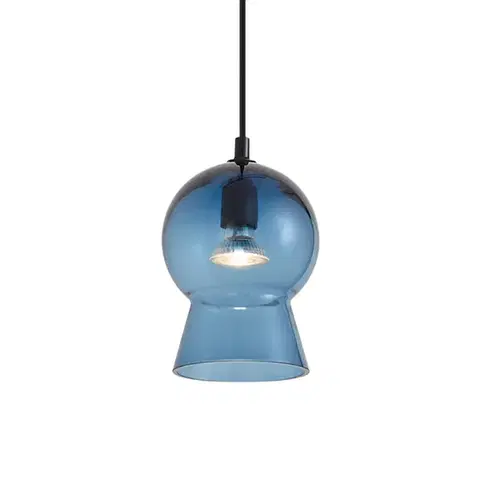 Retro závěsná lampa černá s modrým sklem pro 1-fázový kolejnicový systém - Iconic Bell