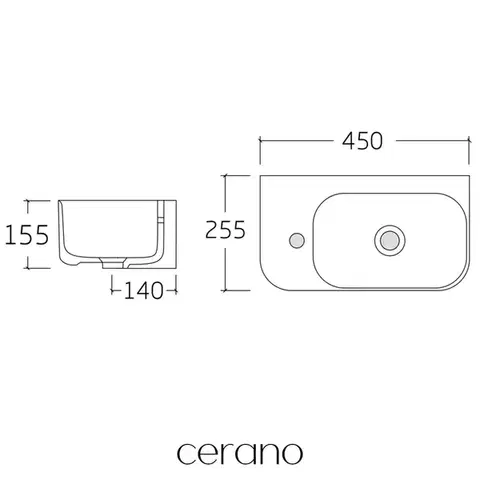 CERANO Umývátko keramické nástěnné Arco levá bílá lesklá 45x25,5  CER-680344