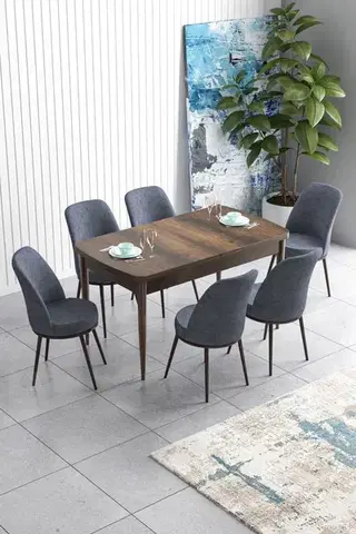 Extendable Dining Table & Chairs Set (7 Pieces) Han - Baroque, Fume