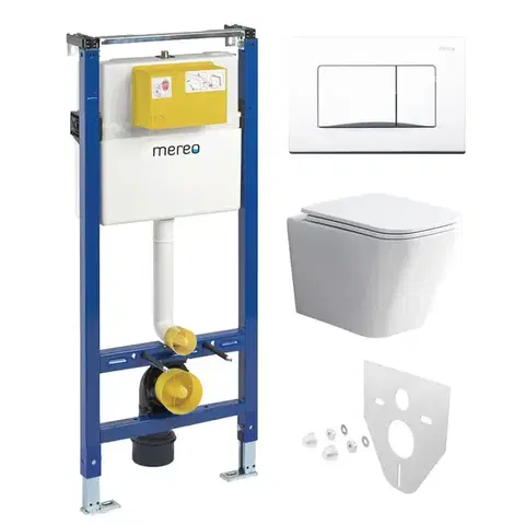 Mereo WC set Rimless WC hranaté, modul pro sádrokarton, bílé hranaté tlačítko MM02NSETRS320