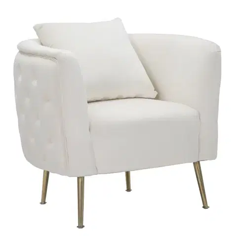 Estila Art deco čtvercové čalouněné prošívané křeslo Zeran v krémové sametové barvě se zlatými kovovými nožičkami 76 cm