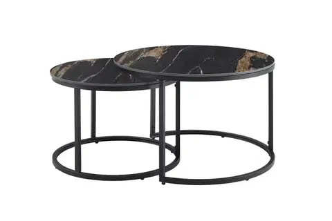 Estila Designová černá sada kulatých konferenčních stolků Ceramia a deskami s hnědým mramorovým dekorem a kovovou podstavou 47 cm
