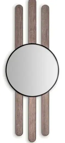 Estila Art deco nástěnné kulaté masivní zrcadlo Missy s černým kovovým rámem a hnědým dřevěným dekorem 222 cm