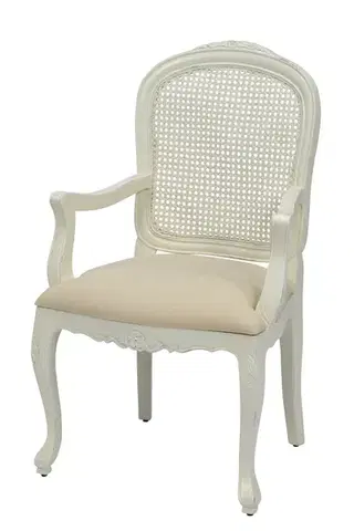Estila Provence bíla jídelní židle Preciosa s čalouněním se vyřezávanými opěrkami s ratanovým výpletem 99cm