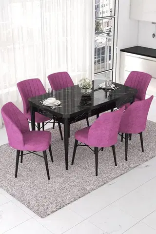 Extendable Dining Table & Chairs Set (7 Pieces) Nef - Black Marble, Purple