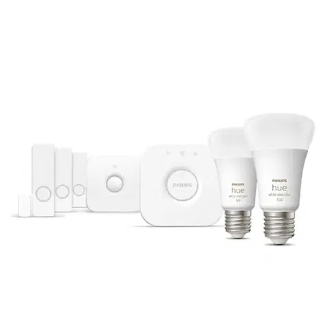 Philips HUE Secure základní sada - 2x E27 9W 1100lm 2000-6500K RGB + Bridge + pohybový senzor + 3x okenní senzor