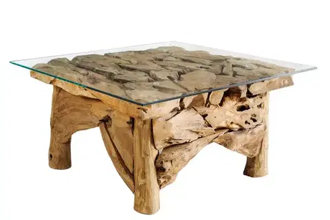 Estila Stylový etno čtvercový masivní konferenční stolek Wild s designem hnědého naplaveného dřeva s povrchovou skleněnou deskou 80 cm