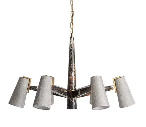 Estila Luxusní art deco šestiramenný lustr Glauton s černou mramorovou konstrukcí se zlatými detaily a šedými stínítky 98 cm