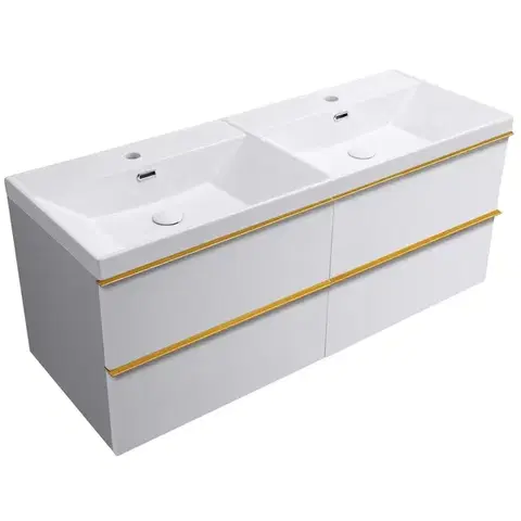 CERANO Koupelnová skříňka Velora bílá matná, úchytka zlatá + keramické dvojumyvadlo Viano bílá lesklá 121,5x58x46,5  CER-447415