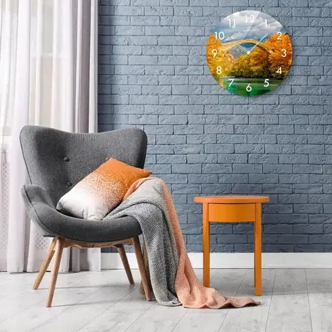 Kulaté skleněné hodiny 30 cm s motivem podzimu